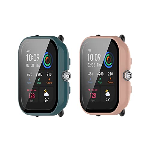 LICHIFIT Amazfit GTS4 Mini用保護ケース カバー PCフレーム 強化ガラスフィルム 一体化 スマートウォッチカバー 脱着簡単 耐衝撃 傷防止軽量 おしゃれ アクセサリー (グリーン+ピンク)