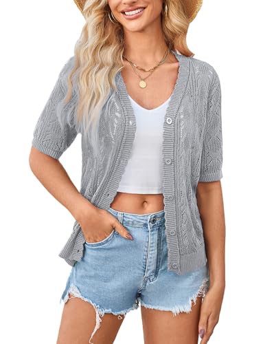Image of Yekaty Womens 2026 Short Sleeve Crochet Summer Cardigan Cropped Button Sweater Lightweight Shrug for Dress