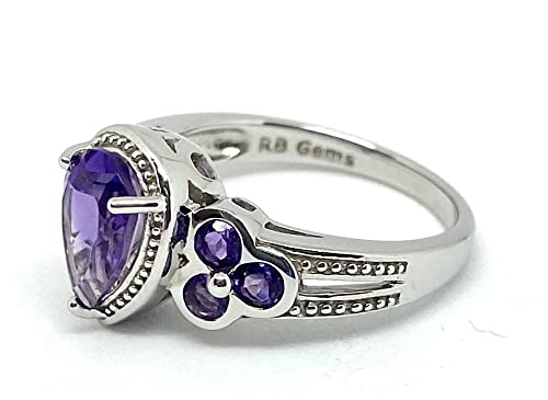 Rb Gems Sterling Silver 925 Ring Genuine Gems Pear Shape 9X6 With Bezel-Set Accented Gemstone, Rhodium-Plated Finish (7, Amethyst) #TOP4