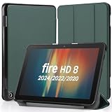 Hianjoo Fire HD 8 対応 ケース (2024/2020/2022年発売 第12/10世代用) タブレットケース Fire HD 8/8 Plus 対応 カバー 8インチ スタンド機能付き オートスリープ機能 全面保護ケース 耐衝撃 擦り傷防止 - ダークグリーン