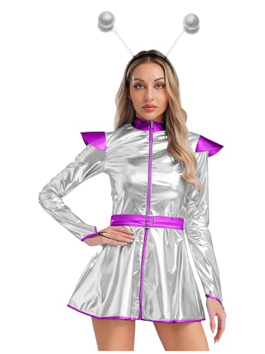 Robe alien pour festival rave : tenue métallique bleue et bandeau de l'espace pour faire la fête
