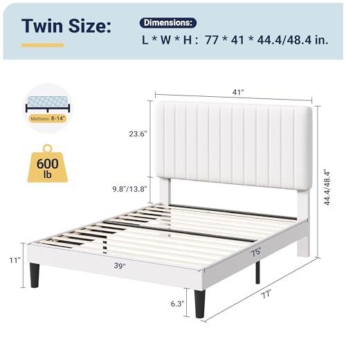 Image of Allewie Twin Bed Frame, Velvet Upholstered Platform Bed with Adjustable Vertical Channel Tufted Headboard, Mattress Foundation with Strong Wooden Slats, Box Spring Optional, Easy Assembly, Off-White