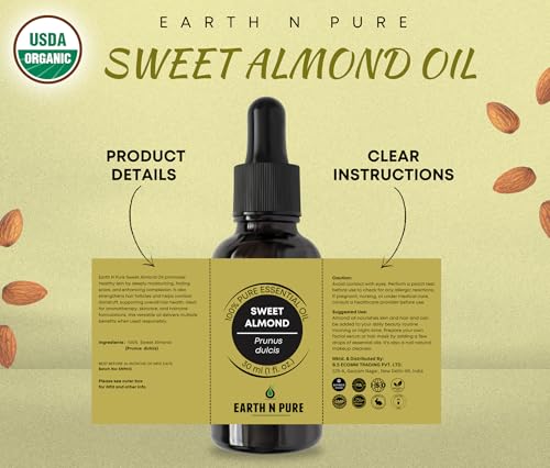 Image of Earth N Pure Sweet Almond Oil (Badam Oil) Cold Pressed, Therapeutic Grade for Body, Skin, Hair 30 ml