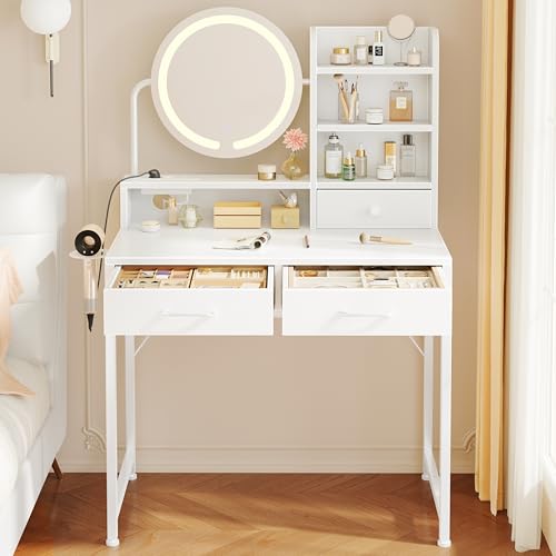 Image of Rolanstar Dressing Table with Lighted Mirror – 3-Colour LED, Wooden Drawers, Built-in Plug & USB, Compact Vanity with Open Shelves & Hair Dryer Holder for Bedroom
