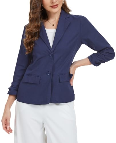 Women's Linen Blazer Jacket 2025 Lightweight Button Lapel Casual 3/4 Ruched Sleeves Work Office Summer Jackets2