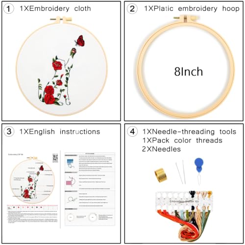 Image of Flowers Cat Embroidery Kits for Beginners Adults, Cute Hand Embroidery Starters Kits, Floral Stamped Cross Stitch Kits Needlepoint Kits for Beginners Adults, Embroidery Hoop, Thread and Video Tutorial
