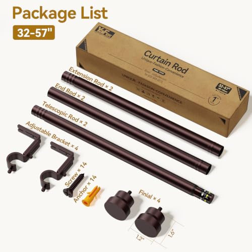 Image of YaFex Curtain Rods 2 Pack 32-57 Inch, Heavy Duty 1 Inch Curtain Rod, Bronze Short Adjustable Window Treatment Rods, Modern Design, Easy Installation