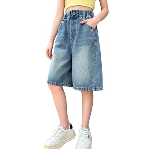 Image of Rolanko Girls Jeans Shorts, Elastic Waist Bermuda Knee Length Wide Leg Summer Shorts for Teen Kids, Blue, 13-15 Years, 170
