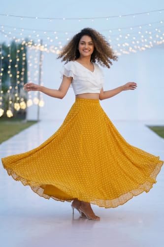 Image of Women's Lycra Top with Georgette Skirt | Polka Dot Print Long Flared Maxi | Full Length Flowy Skirt for Women | Stylish Casual Wear