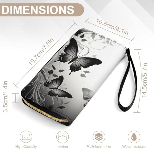 Black Gray Butterflies Wallets for Women Long Wristlet Leather Wallets with Zipper Holder Large Capacity Coin Pocket2