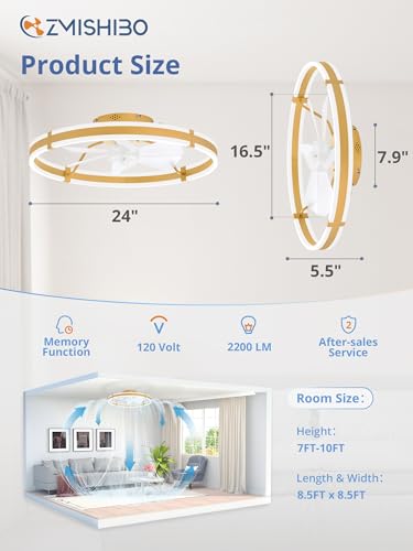 Image of ZMISHIBO 24 Inch Ceiling Fans with Lights and Remote, Modern Low Profile Ceiling Fan, 3000-6000K Dimmable Flush Mount LED Fan Light, 6 Wind Speeds, Fandelier Ceiling Fans for Bedroom- Gold