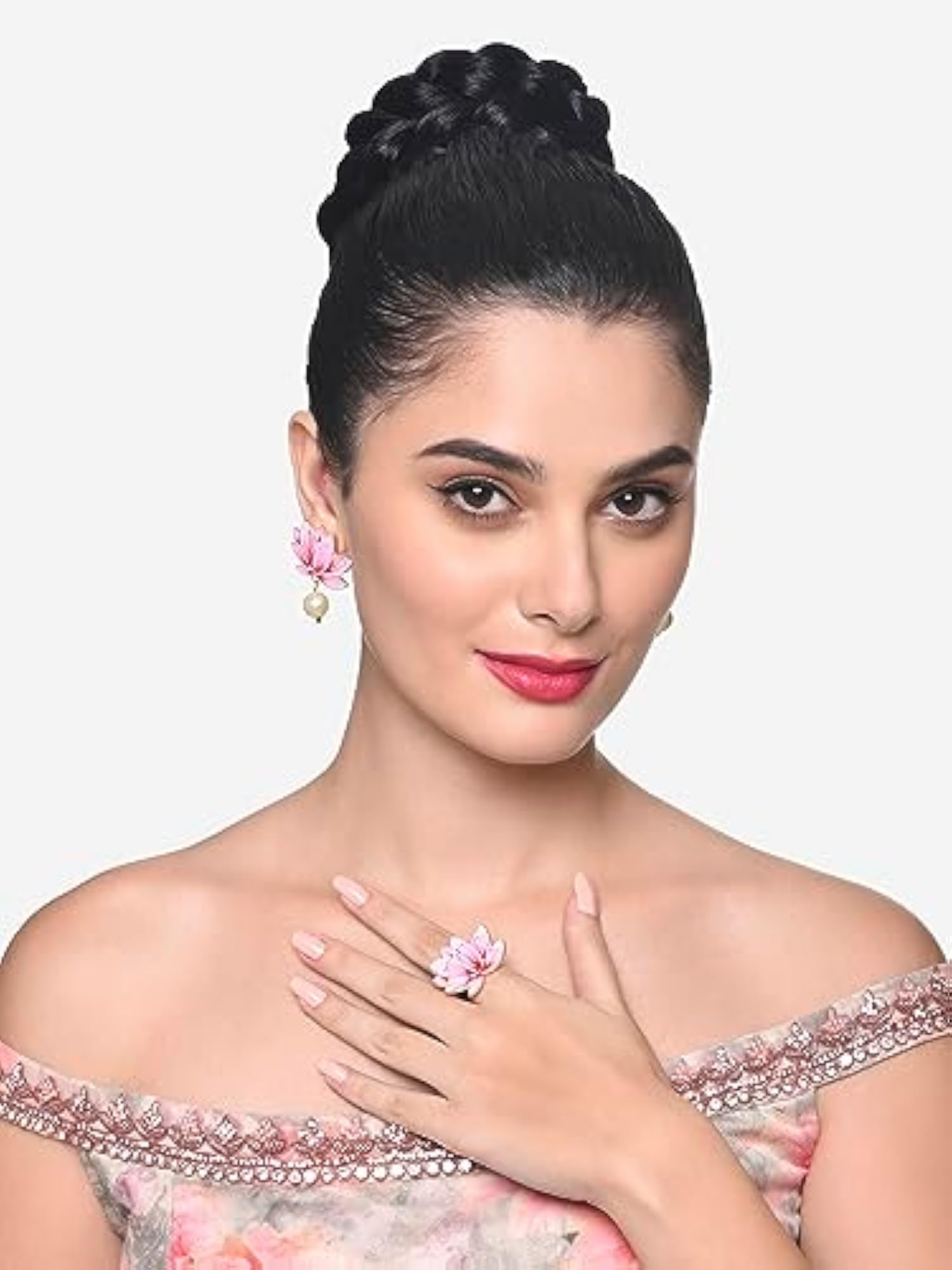 Red Lotus Enamel Ethnic Drops Earring & Ring Set