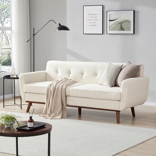 Tbfit Sofa 3-Sitzer Modernes Kleines Sofa 196 cm mit Holzfüßen in Beige, 3 Sitzer XXL Cloud Couch mit Knopfheftung für Wohnzimmer & Schlafzimmer, Big Sofa mit 2 Wurfkissen für Büro & Apartment