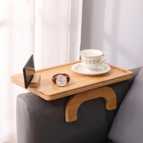 Couch Arm Tray,Bamboo Folding Sofa Tray,Sofa Armrest Trays Clip-On Couch Desk with 360° Rotating Phone Holder – Fits Most Couch Sizes