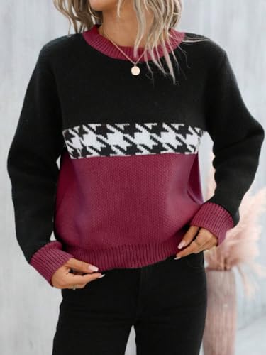 Image of chouyatou Women's Vintage Color Block Long Sleeve Pullover Sweater Houndstooth Printed Crewneck Jumper Tops