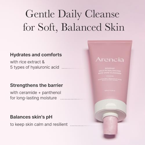 Image of ARENCIA Rosehip Rice Cake Cleanser, pH Balancing Face Wash with Ceramide for Sensitive Skin, 5.29 oz
