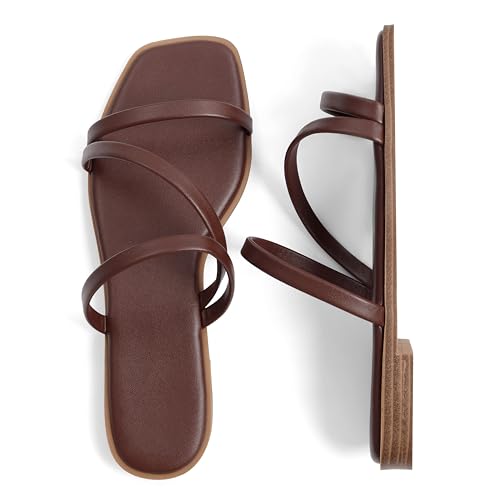 Image of LACUONE Strappy Flat Sandals For Women Slip On Square Open Toe Slides Sandals