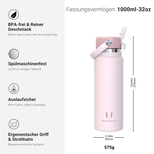 Sparrow Trinkflasche Edelstahl 1L - Weiter Öffnung SwivelSip Thermosflasche mit Strohhalm - BPA-frei, Auslaufsicher Trinkflaschen - Ergonomisch Thermoskanne für Sport, Reisen, Outdoor 3