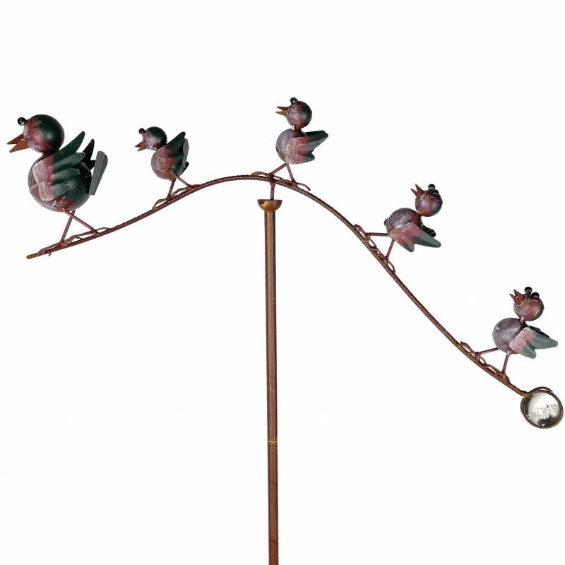 Tuteur Tige pour Plantes Motifs Oiseaux Mobile de Jardin Rotatif à Planter en Métal Patiné Coloré et Verre 9x71x163,5cm