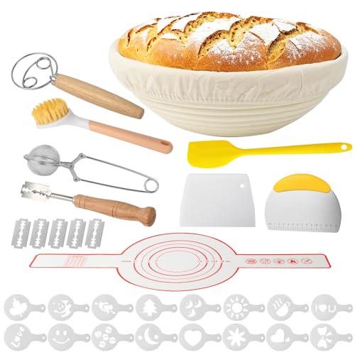 10-teilig Gärkorb Brot Set, 23cm Gärkörbchen zum Brotbacken, Sauerteig Starter Set, Einschließlich Teigschaber und Ölpinsel, Brotbackset Brot backen...