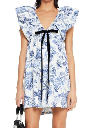 Women's Floral Bow V Neck Babydoll Mini Dress Flower Print Puffy Sleeve Boho Short Casual Loose Flowy Dresses