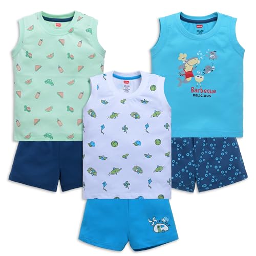 Image of LuvLap Baby Boys Regular Fit 100% Cotton Sleeveless Boys T-Shirt & Shorts Set Pack of 3