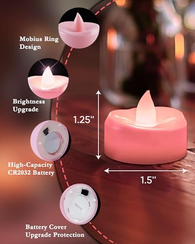 Image of merrynights Flameless Candles, 12 Pack Tea Lights Candle Battery Operated, LED Tealight Votives, Realistic Tea Lights for Wedding Christmas Party Home Decor -D 1.5 inch x H 1.25 inch -Pink Light