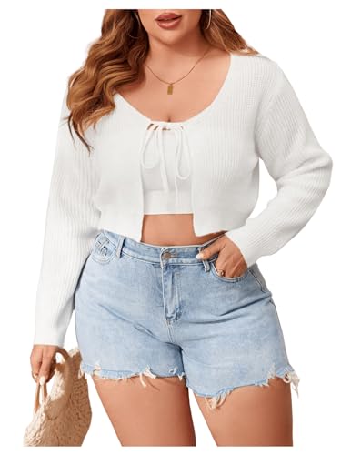 Floerns Women's Plus Size Long Sleeve Crop Top Tie Front Rib Knit Cardigan Sweater