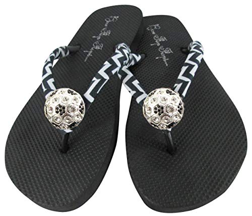 School Team Colors Soccer Flip Flops - Chevron Black & White with Rhinestone Ball