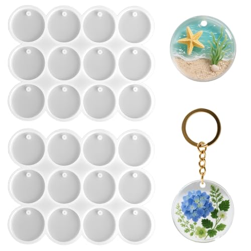 Piriuuo 2 Pcs 12-Cavity Circle Silicone Molds for Resin 1.18 Resin Keychain Molds Flat Silicone Earring Mold with Hole Shiny Resins Casting Mold for DIY Earrings Keychain Pet Tag Jewelry Making