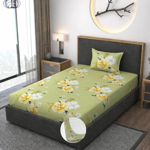 Image of Vaini Premium Heavy Cotton Elastic Fitted Bedsheets with 1 King Size Pillow Covers || Single Bed with All Around Elastic 350 TC || 36 x 78 x 6 Inch Single Size Fitted || :- Light Green Flower