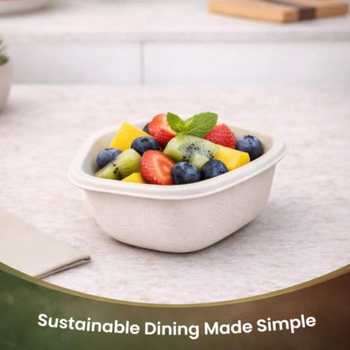 Image of Eco Aaroyaa Disposable Square Kiwi Bagasse Bowls - 120 ML - Biodegradable Disposable Bowls - Eco-Friendly Dip, Sauce, Chutney & Dessert Cups - Leak-Resistant Small Serving Bowl (Pack of 50)