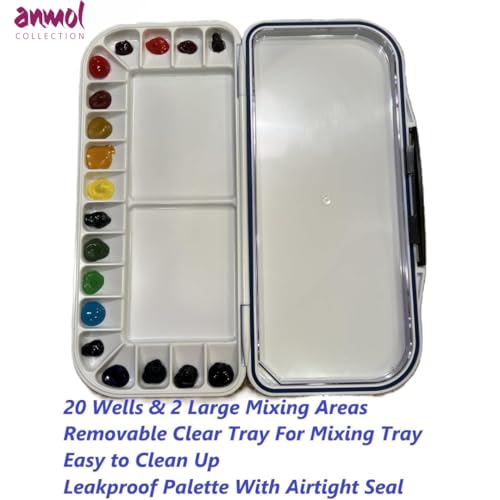Image of ANMOL Art & Frames Artists' AIRTIGHT Palette 20 Wells for Watercolour and Gouache with a Removable Clear Tray