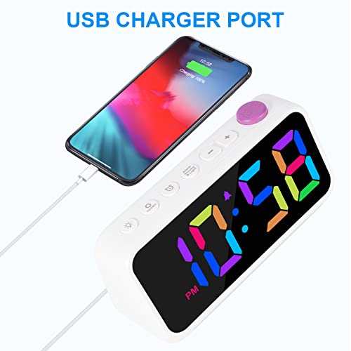 Szelam Alarm Clock For Bedroom,Rgb Colorful Digital Clock,With Night Light,Usb Charger Port,Extra Loud,6.4 Inch Small Desk Clocks For Kids Boys Girls Teens Room Bedside Decor - White #TOP5