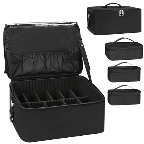 Maletín de maquillaje profesional con 3 bolsas de cosméticos, organizador de almacenamiento y placa de lápiz labial para artistas de maquillaje, Negro, A Set