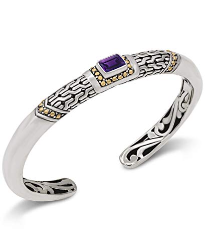 Image of DEVATA Sterling Silver 925 and 18K Gold with Amethyst /Citrine /Garnet /Peridot /Topaz Birthstone Bali Filigree Cuff Bracelet DHK3125