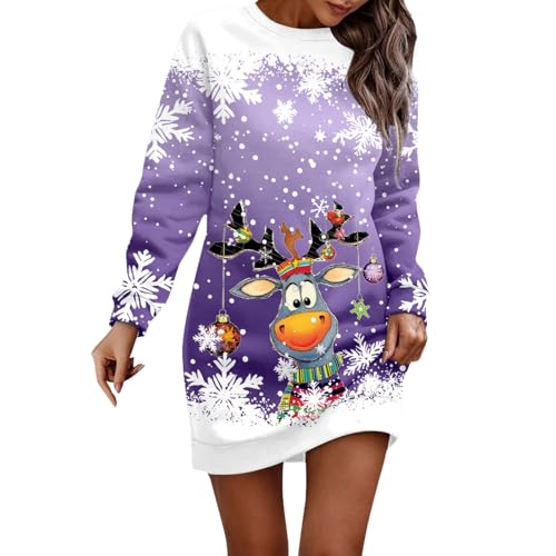 Weihnachtspullover Damen lang, weihnachtskleid Damen lustig, Sweatkleid mit Rentier Druck Pulloverkleid Rundhals Langarmshirt Weihnachtskleidung...