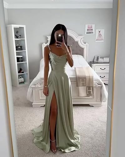 MisShow Satin A Line Bridesmaid Dresses for Women Cowl Neck Long Formal Dress Evening Party Gown with Slit2