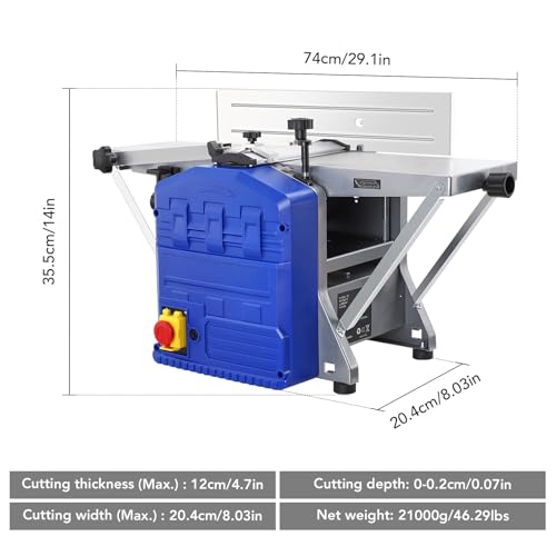 Power Benchtop Planers, 15 Amp 1250W Worktable Thickness Electric Planer with Extended Infeeding Table, Low Noise for Both Hard & Soft Wood Planning - Thumbnail 2