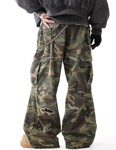 Y2k Hip Hop Wide Leg Denim Pants Distressed Ripped Camo Pants4