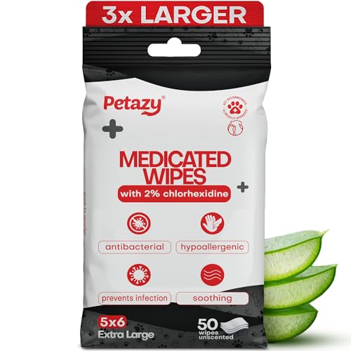 Petazy 2% Chlorhexidine Wipes for Dogs 3X Larger | Yeast Infection Ringworm Fungus Hot Spot Itch Relief | Medicated Antibacterial Antifungal Extra Gentle Soothing Topical Wipes for Dog Cat | 50 Wipes