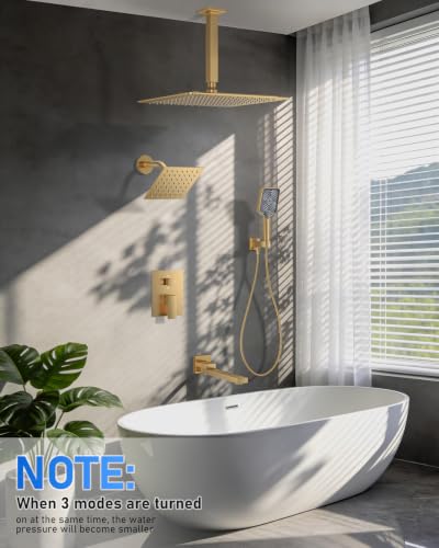 Image of Woindo 4 Function Shower Faucet Set 12 inch Rain Shower Head /6'' Side Shower Head and 3 Setting Handheld Ceiling Mount Push Button Diverter Complete Rainfall Round Shower System Included Valve Trim Kit