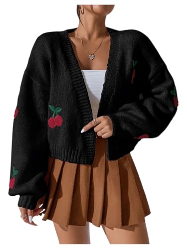 Image of GORGLITTER Women's Cherry Cropped Cardigan Sweaters Open Front Long Sleeve Cute Chunky Knit Short Cardigan Trendy
