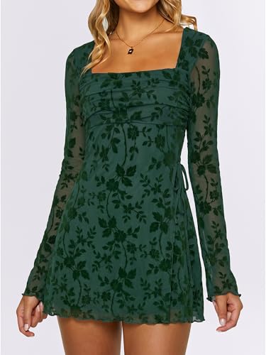Image of Caracilia Womens Sexy Mesh Ruched Mini Dresses Long Sleeve Square Neck Tie Fall Club Party Cocktail Short Dress 2026 Fashion