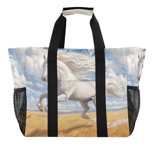 White Horse Farmhouse Large Beach Bag Waterproof Beach Tote Bags for Women Travel Gym Pool