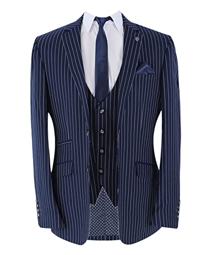 Conjunto de 3 piezas para hombre, a rayas, a medida, color azul marino, formal, negocios, boda, 3 piezas, Traje para hombre, azul marino, 46-52