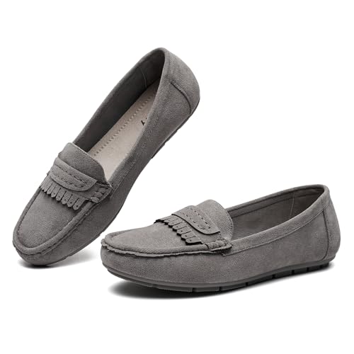 Image of Women's 7.5 Grey Fabric Loafers Slip On Work Shoes Comfort Walking Shoes