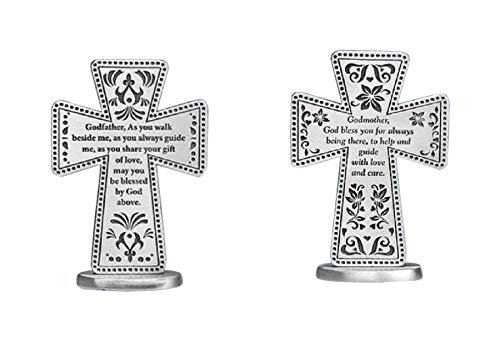 Pewter Godmother & Godfather Standing Message Cross Set (2 Pcs)