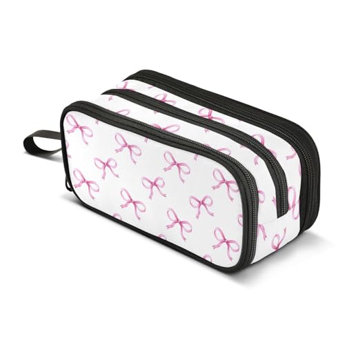 Image of Pencil Case Big Capacity Pink Bows Ribbon Handheld 3 Compartments Pencil Pouch Portable Large Storage Canvas Pencil Bag for Boys Girls Adults Students