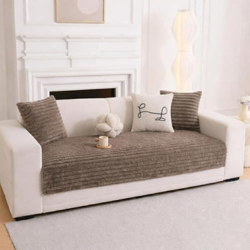 Image of HOMETHREADS 600GSM Thick & Soft Rabbit Fur Plush Sofa Cover-Luxurious Cozy Slipcover, Washable & Pet-Friendly, Anti-Scratch Protector for Sofas (Khaki, 2 Seater | 140x70cm)